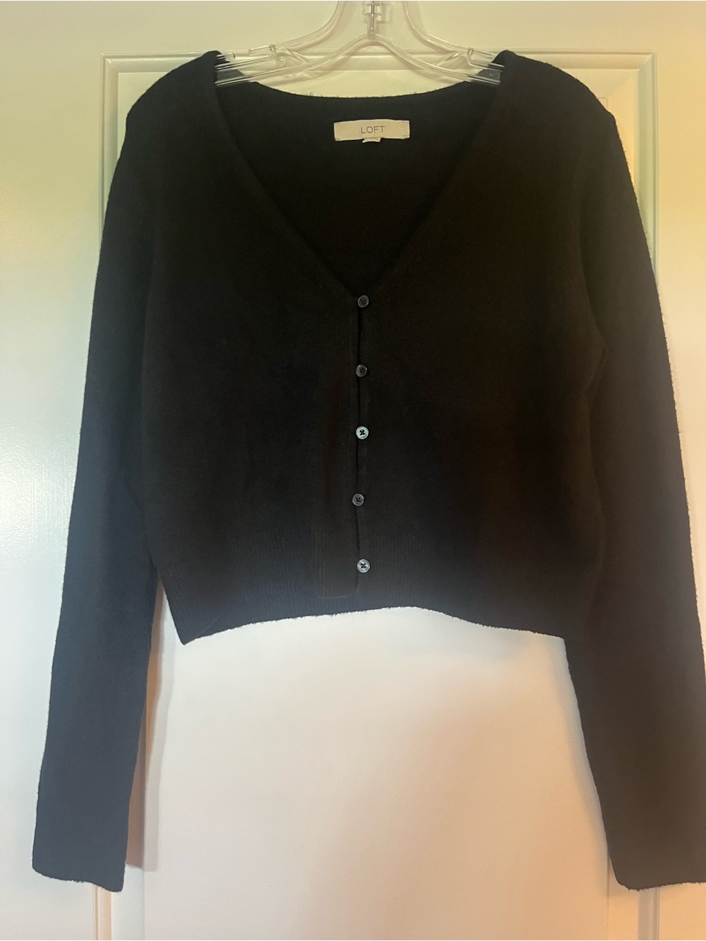 LOFT Black Cropped V-Neck Button Cardigan